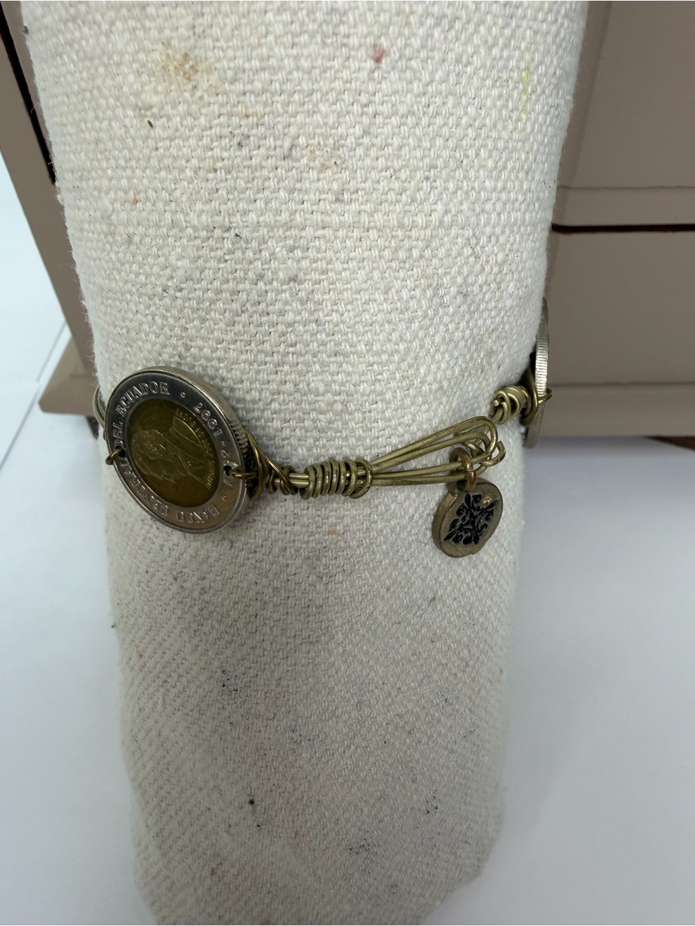 Antique Coin & Charm Wire Bangle Bracelet - Brass and Silver Tones